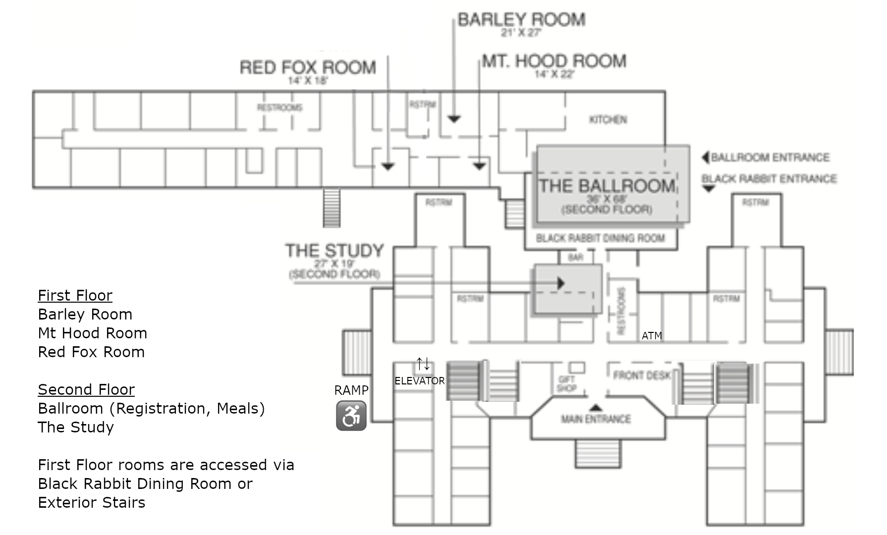 Floorplan of Edgefield Hotel. ADA entrance and elevator is to the left side of the building. Registration and meals are on the second floor, sessions are split between first and second floors.